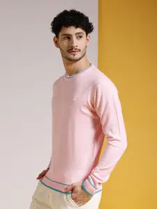 The Indian Garage Co Pink Round Neck Long Sleeves Acrylic Pullover Sweater