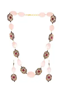 Rubans 22K Gold-Plated Rose Quartz Beaded & Ruby Red Zirconia Necklace Set