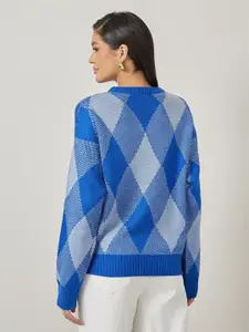 Styli Blue Argyle Printed Regular Fit Round Neck Acrylic Pullover Sweater
