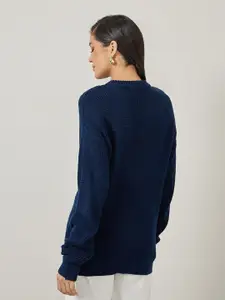 Styli Navy Blue Cable Knit Self Design Round Neck Acrylic Pullover Sweater