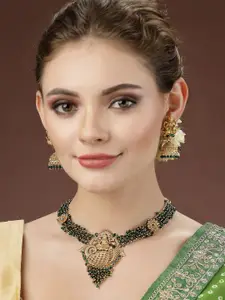 ADIVA Gold-Plated Stones Studded & Beads Beaded Temple Necklace With Earrings