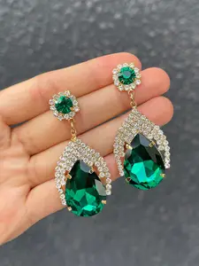 Bellofox Green & Silver-Toned Contemporary Drop Earrings