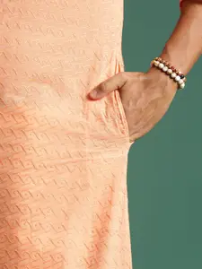 Sangria Peach Geometric Embroidered Cotton Mandarin Collar Chikankari Straight Kurtas
