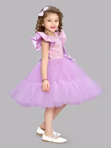 Pink Chick Girls Lavender & Pink Embellished Bow Detailed Flutter Sleeve Fit & Flare Dress