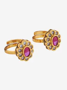 Kushal's Fashion Jewellery Set of 2 Gold-Plated Ruby Stone Studded  Toe Rings