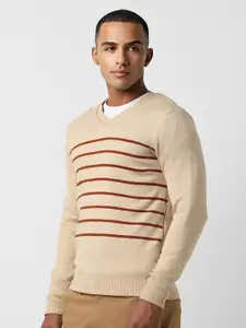 Peter England Casuals Striped V-Neck Pure Acrylic Pullover