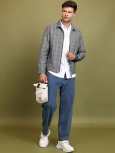 HIGHLANDER Grey Checked Spread Collar Long Sleeves Bomber Jacket