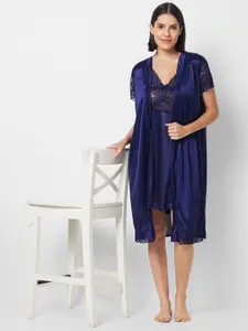 NOIRA Halter Neck Knee Length Satin Nightdress With Robe