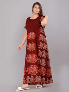JVSP FASHION Maroon Printed Cotton Maxi Nightdress