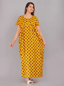JVSP FASHION Yellow Printed Cotton Maxi Nightdress