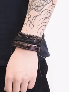 OOMPH Men Set Of 3 Braided Leather Wraparound Bracelet