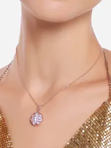 AMI Rose Gold-Plated CZ-Studded & Floral Shape Pendant With Chain-ZPFK16968