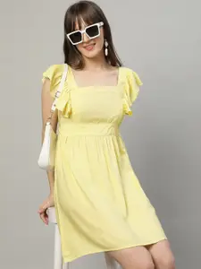 Roadster Yellow Flared Sleeves Pure Cotton A-Line Dress