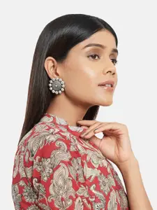 ATIBELLE German Silver-Plated Floral Shaped Stud Earrings Maangtikka & Bangles