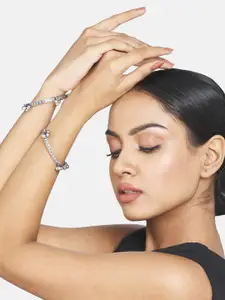 ATIBELLE Set of 3 Silver Plated & Ghunghroo Studded Earrings, Maangtikka & Bangles