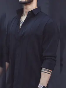 Powerlook Black Vertical Striped Dobby Casual Shirt