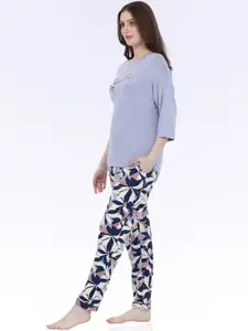 MAYSIXTY Women Blue Printed Night suit