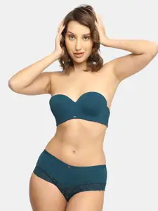 SOIE Women Medium Coverage Padded Wired Lace Bra with High Rise Brief Lingerie Set