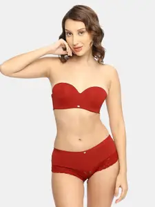 SOIE Women Medium Coverage Padded Wired Lace Bra with High Rise Briefs Lingerie Set