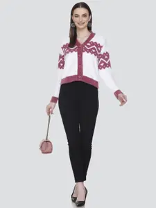 Winter Wonders Geometric Self Design V-Neck Long Sleeves Woollen Crop Cardigan Sweater