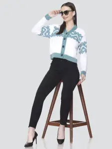 Winter Wonders Geometric Self Design V-Neck Long Sleeves Woollen Crop Cardigan Sweater