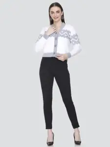 Winter Wonders Geometric Self Design V-Neck Woollen Crop Cardigan Sweater