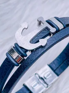 ZIVOM Men Black & Silver-Toned Leather Silver-Plated Wraparound Bracelet