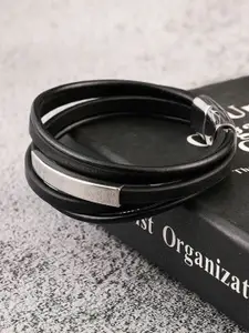 ZIVOM Men Leather Silver-Plated Multistrand Wraparound Bracelet