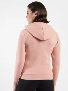 Campus Sutra Pink Typography Printed Hooded Cotton Front Open Sweatshirt