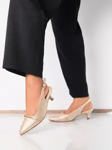 Monrow Pointed Toe Textured Work Kitten Pumps With Buckle Closure