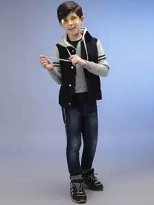 Instafab Boys Colourblocked Hooded Windcheater Denim Jacket