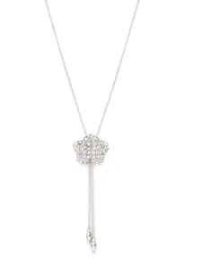 Mali Fionna Silver-Plated CZ-Stone Studded Flower-Shape Pendant With Chain