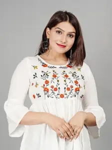 KALINI Floral Embroidered Bell Sleeves Thread Work Detailed Pleated A-Line Kurti