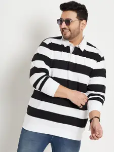 Club York Plus Size Striped Shirt Collar Terry Cotton Pullover Sweatshirt