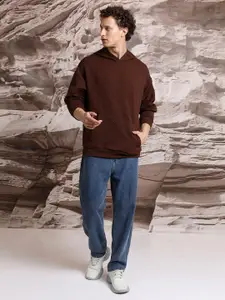 HIGHLANDER Self Design Hooded Oversized Drop Shoulder Sleeves Textured Sweatshirt