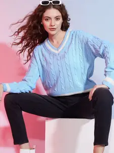 DressBerry Blue Self Design Long Sleeves Acrylic Pullover