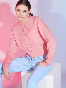 DressBerry Peach-Coloured Cable Knit Long Sleeves Acrylic Pullover