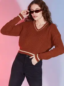 DressBerry Brown Cable Knit V-Neck Long Sleeves Acrylic Pullover