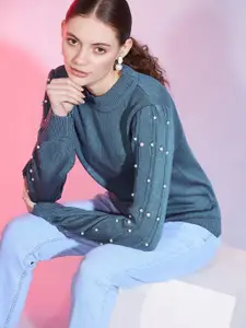 DressBerry Teal Pullover with Embellished Detail