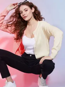 DressBerry Peach-Coloured Colourblocked Acrylic Cardigan Sweater