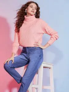 DressBerry Peach-Coloured Cable Knit Turtle Neck Long Sleeves Acrylic Pullover