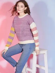 DressBerry Purple Self Design Long Sleeves Acrylic Pullover