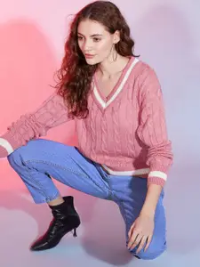 DressBerry Pink Self Design Long Sleeves Acrylic Pullover