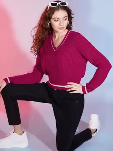 DressBerry Purple Cable Knit V-Neck Long Sleeves Acrylic Pullover