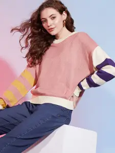 DressBerry Peach-Coloured Self Design Acrylic Pullover