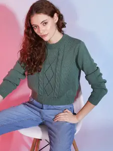 DressBerry Green Cable Knit Long Sleeves Acrylic Pullover