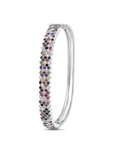 Zavya Women 925 Sterling Silver CZ-Studded Rhodium-Plated Cuff Bracelet