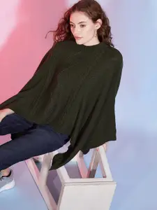 DressBerry Olive Green Cable Knit Round Neck Long Sleeves Acrylic Poncho