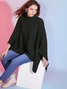 DressBerry Olive Green Cable Knit Mock Collar Long Sleeves Acrylic Poncho