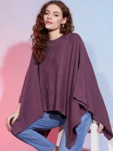 DressBerry Mauve Cable Knit Round Neck Long Sleeves Acrylic Poncho